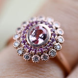 Special Baby Pink Sapphire Double Halo White Diamond Solid 14k Rose Gold Engagement Ring