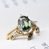 Special& Rare Olive Green Sapphire Vintage Engagement ring 1.2 ct oval sapphire ,white diamond , solid 14k yellow gold ring