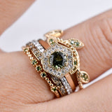 Hexagon Art Deco, Natural Green Round Sapphire Engagement Ring, 14k Yellow Gold White Diamond ring