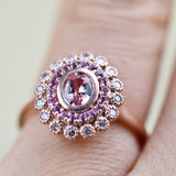 Special Baby Pink Sapphire Double Halo White Diamond Solid 14k Rose Gold Engagement Ring