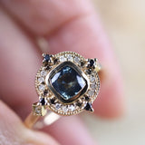 Special Teal green Sapphire & Multi Color Diamond Halo 14K Solid Gold Vintage Eengagement Rring