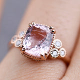 Vintage Cushion Cut Morgantie Solid 14k Rose Gold Engagement Ring