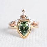 Apple Green Pear Green Sapphire , Vintage Solitary 14k Solid Yellow Gold Engagement Ring