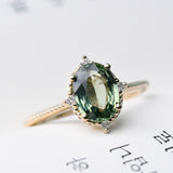 Special& Rare Olive Green Sapphire Vintage Engagement ring 1.2 ct oval sapphire ,white diamond , solid 14k yellow gold ring