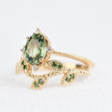 Special& Rare Olive Green Sapphire Vintage Engagement ring 1.2 ct oval sapphire ,white diamond , solid 14k yellow gold ring