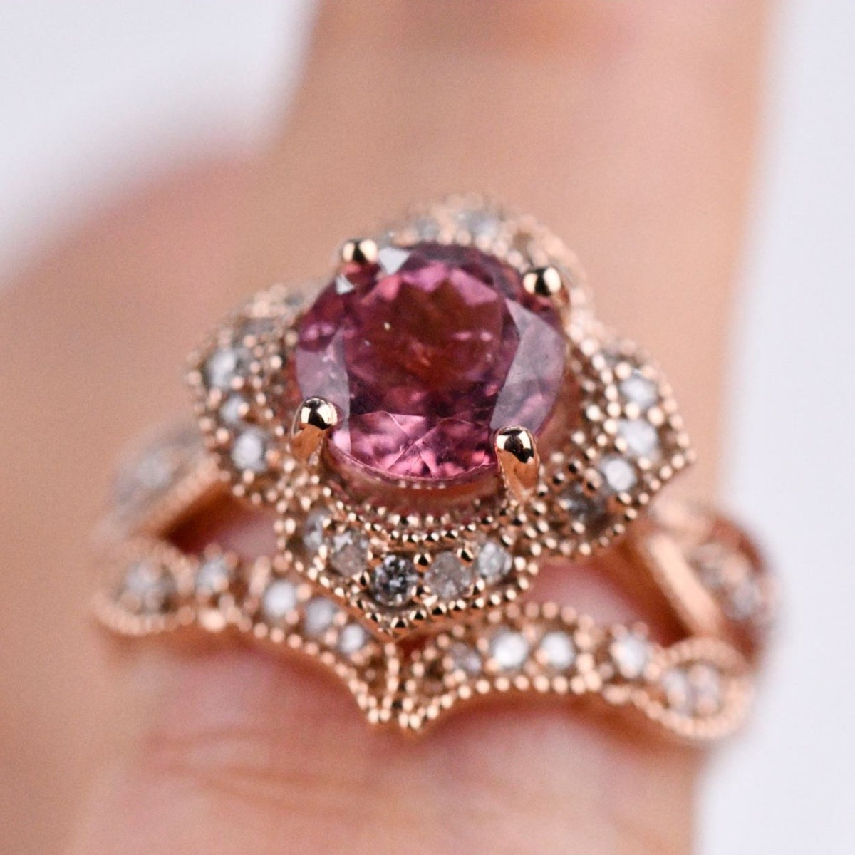 The queen of Floral Pink Tourmaline engagement ring White