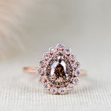 Pear Shape Brown Diamond Double Halo White Diamond Solid 14k Rose Gold Engagement Ring