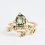 Special& Rare Olive Green Sapphire Vintage Engagement ring 1.2 ct oval sapphire ,white diamond , solid 14k yellow gold ring