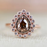 Pear Shape Brown Diamond Double Halo White Diamond Solid 14k Rose Gold Engagement Ring