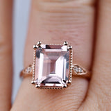 3 ct Emerald cut Morganite Solid 14k Rose Gold Vintage Engagement Ring