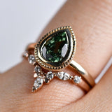 Apple Green Pear Green Sapphire , Vintage Solitary 14k Solid Yellow Gold Engagement Ring
