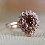 Pear Shape Brown Diamond Double Halo White Diamond Solid 14k Rose Gold Engagement Ring