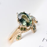 Special& Rare Olive Green Sapphire Vintage Engagement ring 1.2 ct oval sapphire ,white diamond , solid 14k yellow gold ring