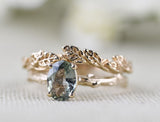 Tree texture Olive Green Sapphire Solid 14k Gold Engagement Ring
