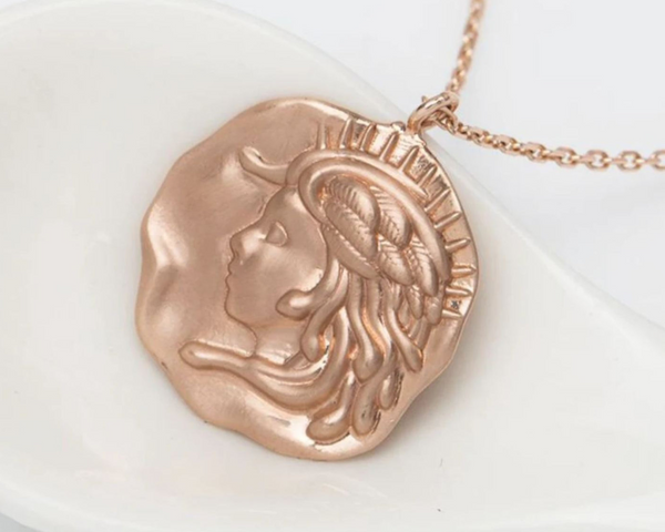 Antique medusa coin pendant, solid 14k rose gold necklace