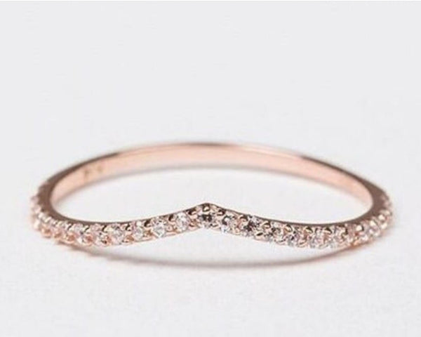 V shape White diamond wedding band 14K Solid gold matching band