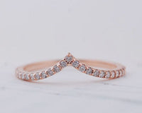 V shape White diamond wedding band 14K Solid gold matching band