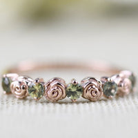 Vintage Rose Bud Ring Green sapphire Solid 14k Yellow Gold Wedding Band