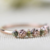 Vintage Rose Bud Ring Green sapphire Solid 14k Yellow Gold Wedding Band