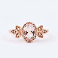 Pink-peach Oval Morganite Ring, Vintage Leaf Design Engagement Ring, white diamond solid rose gold ring