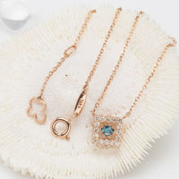 Dancing Blue Diamond Square halo 14k Rose Gold Daily Necklace