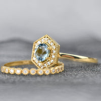 Round Aquamarine White Diamond Hexagon Halo 14k Solid gold Engagement Ring