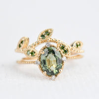Special& Rare Olive Green Sapphire Vintage Engagement ring 1.2 ct oval sapphire ,white diamond , solid 14k yellow gold ring