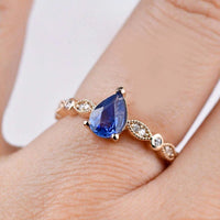 Blue Sapphire Pear Shape Engagement Ring Art Deco Style Diamond 14k Yellow Gold Ring