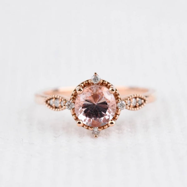 art deco floral vintage Engagement ring  6.5mm round pink morganite 14k solid rose gold ring