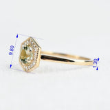 Hexagon Art Deco, Natural Green Round Sapphire Engagement Ring, 14k Yellow Gold White Diamond ring