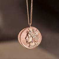 antique coin necklace, Crescent & Greek lady coin pendant with chain, solid 14k rose gold coin necklace