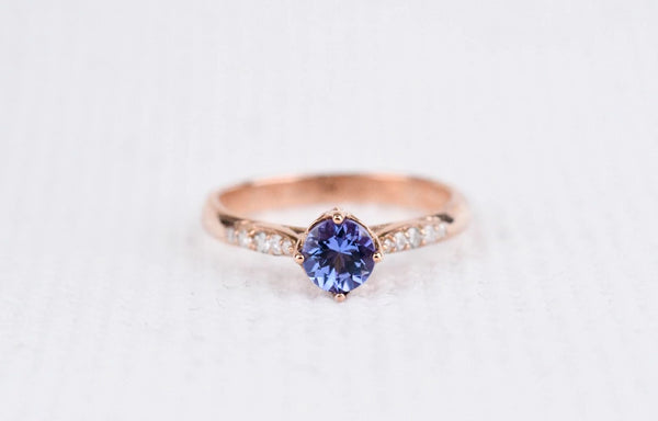 Blue berry Natural Tanzanite Engagement ring white diamond rose gold engagement ring