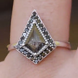 Salt and pepper Kite Diamond Art Deco Ring Black Diamond Halo 14k Solid Gold Engagement Ring