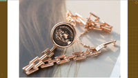 Queen Elizabeth Antique Coin with Art Deco link Bracelet, 14k Solid Rose Gold Daily Bracelet