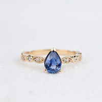 Blue Sapphire Pear Shape Engagement Ring Art Deco Style Diamond 14k Yellow Gold Ring