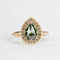 Rose Cut Pear Shape Green Diamond Cognac Diamond Halo 14k Solid Rose Gold Engagement Ring