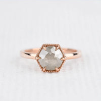 Gray Diamond Engagement ring Hexagon Art deco, Solid 14k rose gold ring