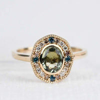 Art deco floral, solid 14k yellow gold engagement ring vintage olive green sapphire & multi diamond ring