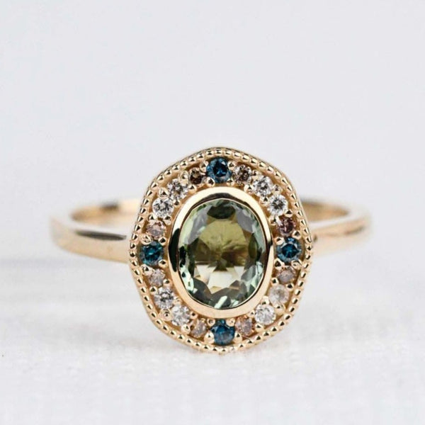 Art deco floral, solid 14k yellow gold engagement ring vintage olive green sapphire & multi diamond ring