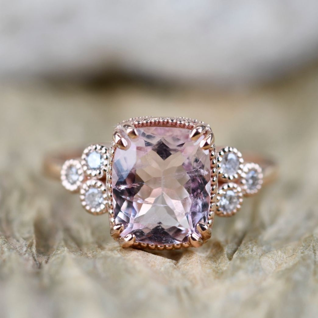 Vintage Cushion Cut Morgantie Solid 14k Rose Gold Engagement Ring
