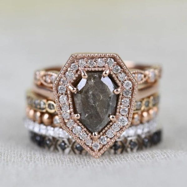 Kite Brown Diamond Vintage Ring 14K Solid Rose Gold White Diamond Halo Engagement Ring
