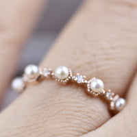 Art Deco Honeycomb Design Creamy White Fresh pearl and Diamond 14k Solid Gold Ring
