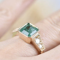 Art Deco Bezel Set Emerald Engagement Ring White Diamond 14k Solid Yellow Gold Vintage Ring