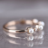 Art Deco Honeycomb Design Creamy White Fresh pearl and Diamond 14k Solid Gold Ring