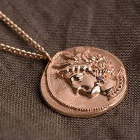 antique coin necklace, Crescent & Greek lady coin pendant with