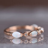 Australian White Opal and White Diamond Art Deco Ring 6 Solid 10k 14k Gold Wedding Band