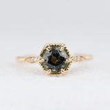 Art deco Hexagon, Green Sapphire Engagement Ring White diamond Solid 14k Yellow Gold Ring