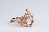Pink-peach Oval Morganite Ring, Vintage Leaf Design Engagement Ring, white diamond solid rose gold ring