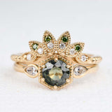 Art Deco Green Sapphire Hexagon Engagement Ring 14k Solid Yellow Gold Diamond  Ring