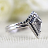 Salt and pepper Kite Diamond Double Shank Ring Black Diamond Halo 14k Solid Gold Attached Bridal Set